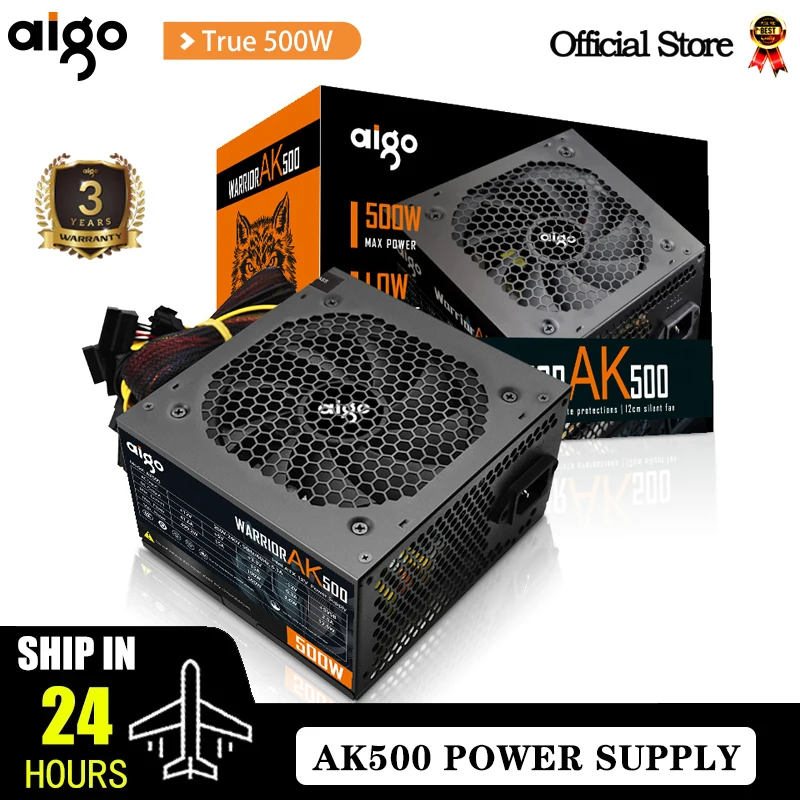 Aigo AK 500W PC PSU Power Supply Unit Black Gaming Quiet 120mm RGB Fan 24pin 12V
