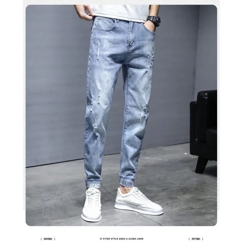 Autumn Trendy Slimming Denim Cropped Pants For Men Casual Style Youth Fashion Ta
