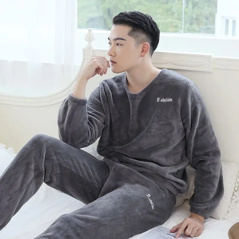 Autumn and Winter Coral Fleece Pajamas for Men's Thickened and Velvet Warm Youth