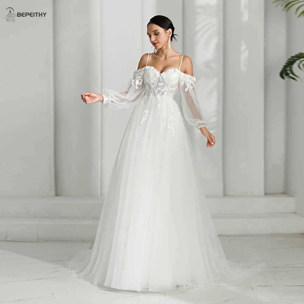 BEPEITHY Sweetheart A Line Ivory Wedding Dresses 2024 Spring Women Long Sleeves 