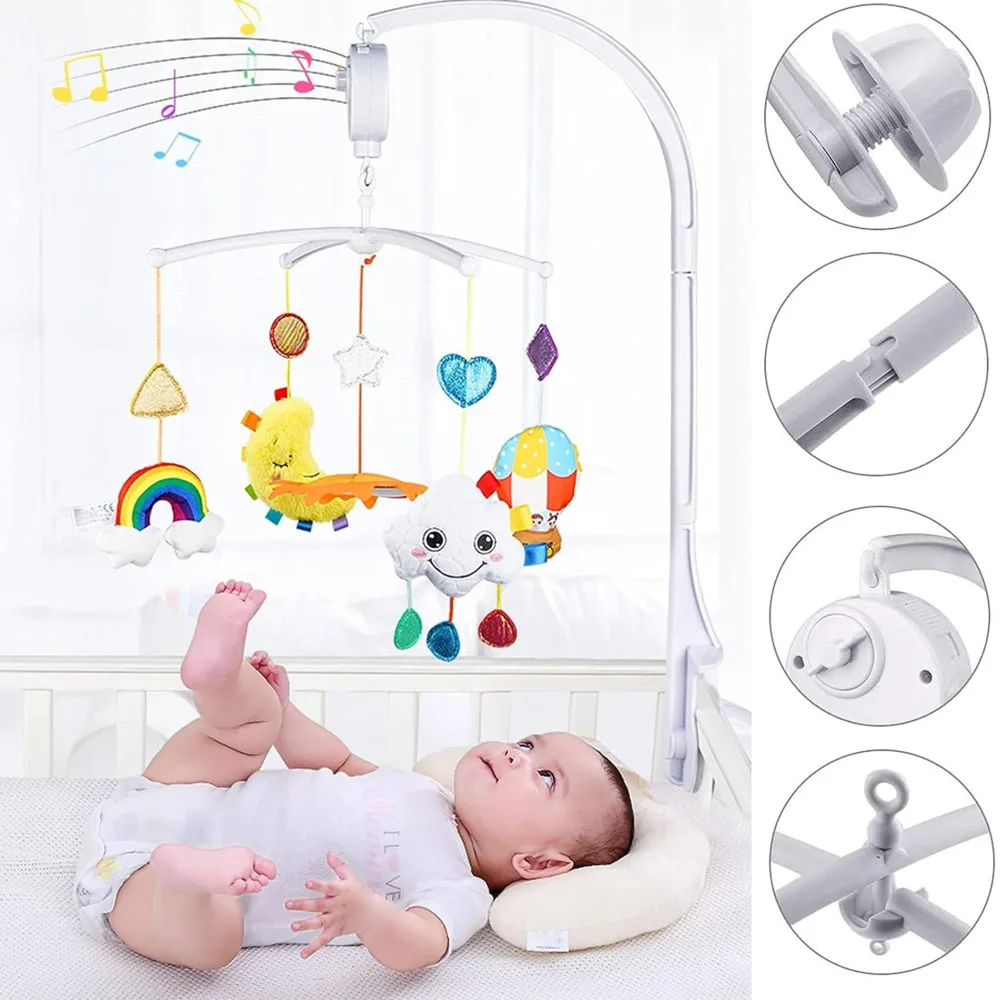 Baby Crib Mobile Bed Bell Rattle Holder 0-12 Months 360° Rotary Carousel Bracket