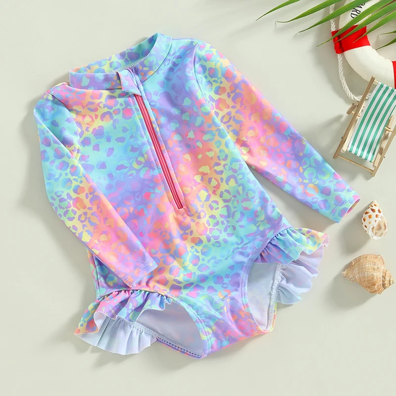 Baby Girl Fish Scale Print Swimsuit 1Piece Long Sleeve Swimwear Floral Zipper Ru