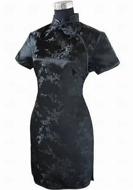 Black Traditional Chinese Women Qipao Dress Sexy Short Mini Cheongsam Handmade B