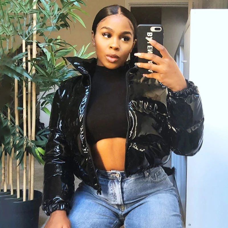 CUTENOVA Winter Y2K Stand Collar Zipper Long Sleeve Bright Pu Thick Cardigan Coa