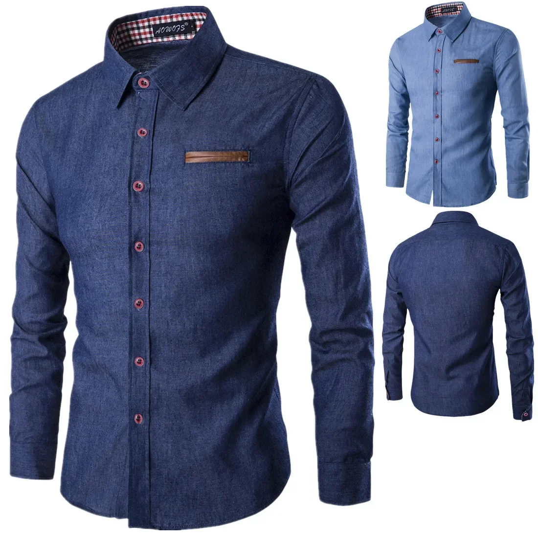 Casual Men's Long Sleeve Shirt Patchwork Pocket Denim Cotton Slim Fit Casual Shi