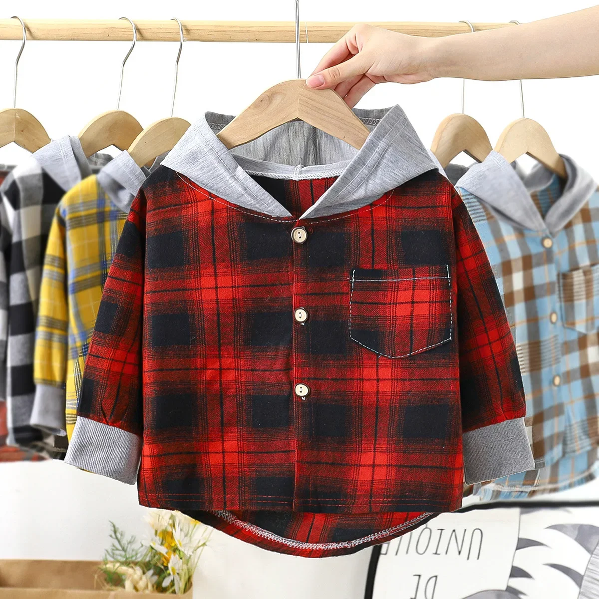 Children's Hooded Shirts Kids Clothes Baby Boys Plaid Shirts Coat for Spring Aut