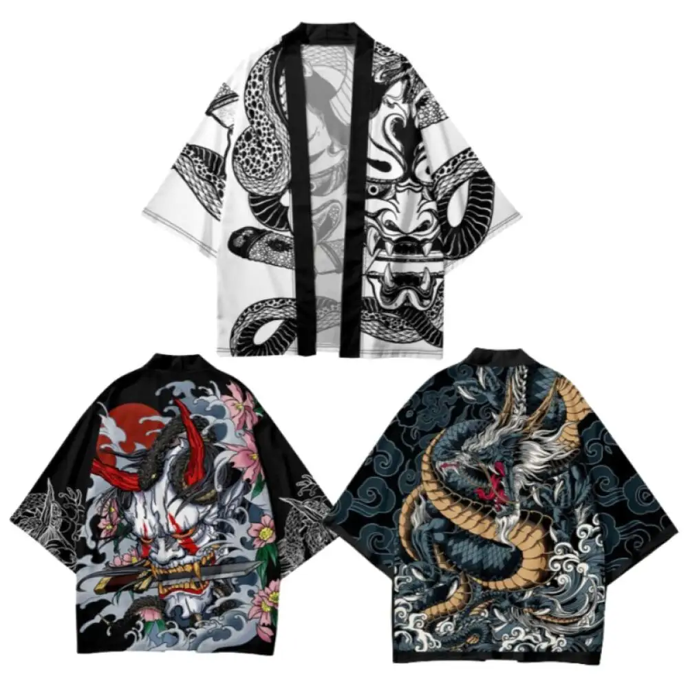 Chinese Dragon Demon Print Pattern Cardigan Men's Japanese Traditional Clothing 