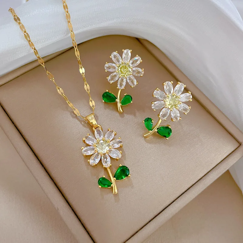 Classic Green Leaf Flower Necklace and Earrings Set Light Luxury Sunflower Perso