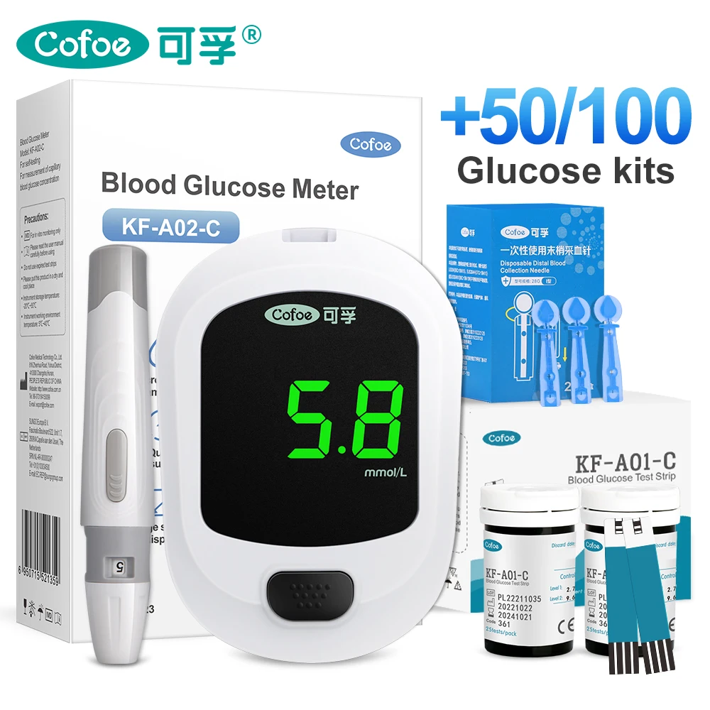 Cofoe A02-C Blood Glucose Meter Glucometer Kits Diabetes Tester 50/100 Test Stri