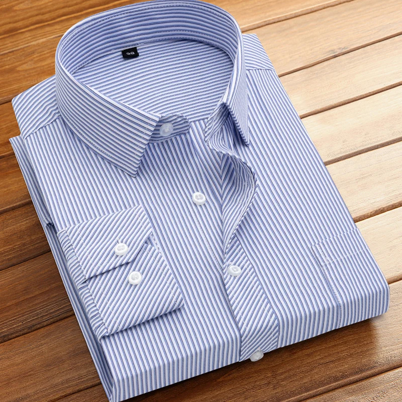 Cotton Men's Classic Long Sleeve Striped Basic Dress Shirts Single Patch Pocket 