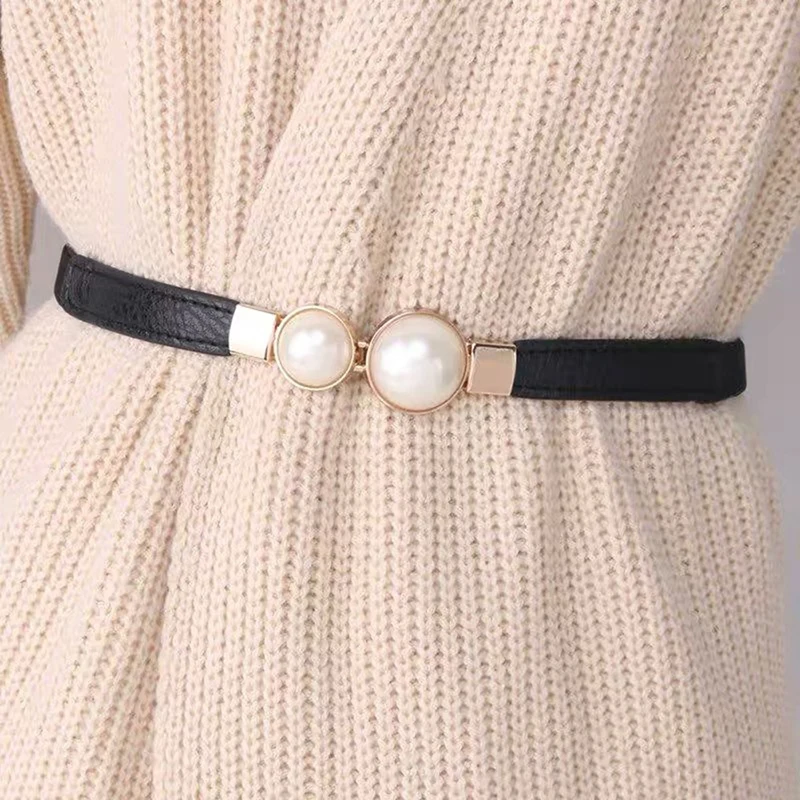 Creative Pearl Buckle Belt PU Leather Dress Skirt Waist Elastic Thin Women Belts