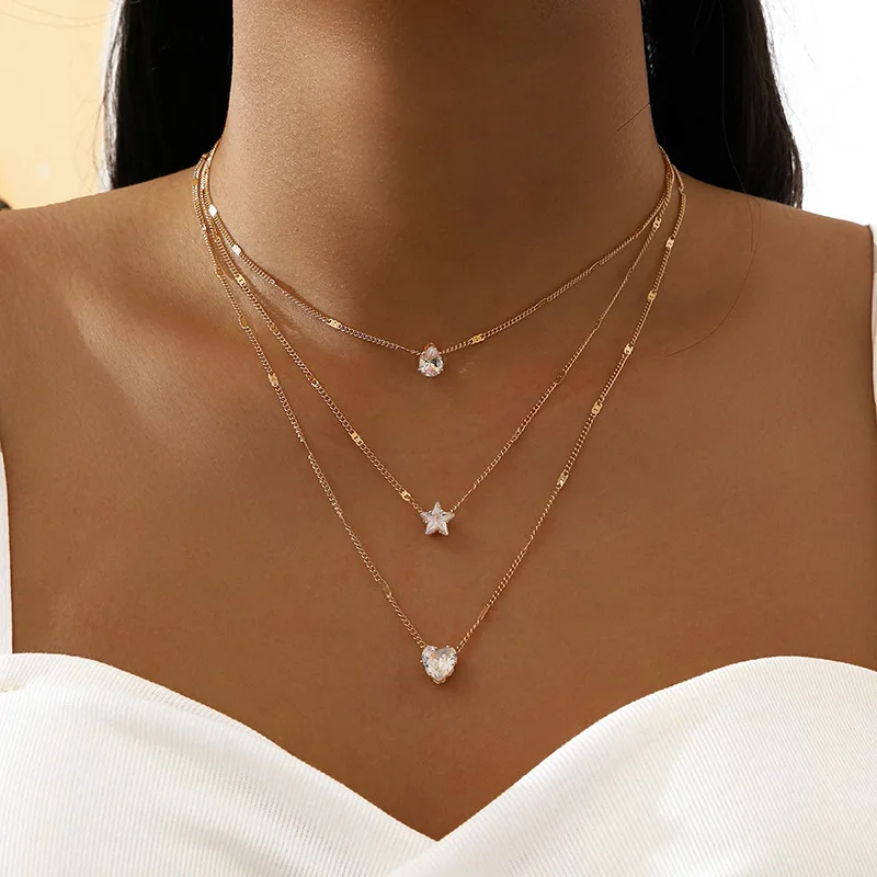 Crystal Zircon Heart Star Charm Layered Pendant Necklace Set for Women Charms Fa
