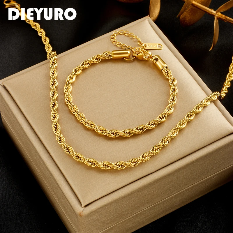 DIEYURO 316L Stainless Steel Gold Color Chain Necklace Bracelets For Women Girl 