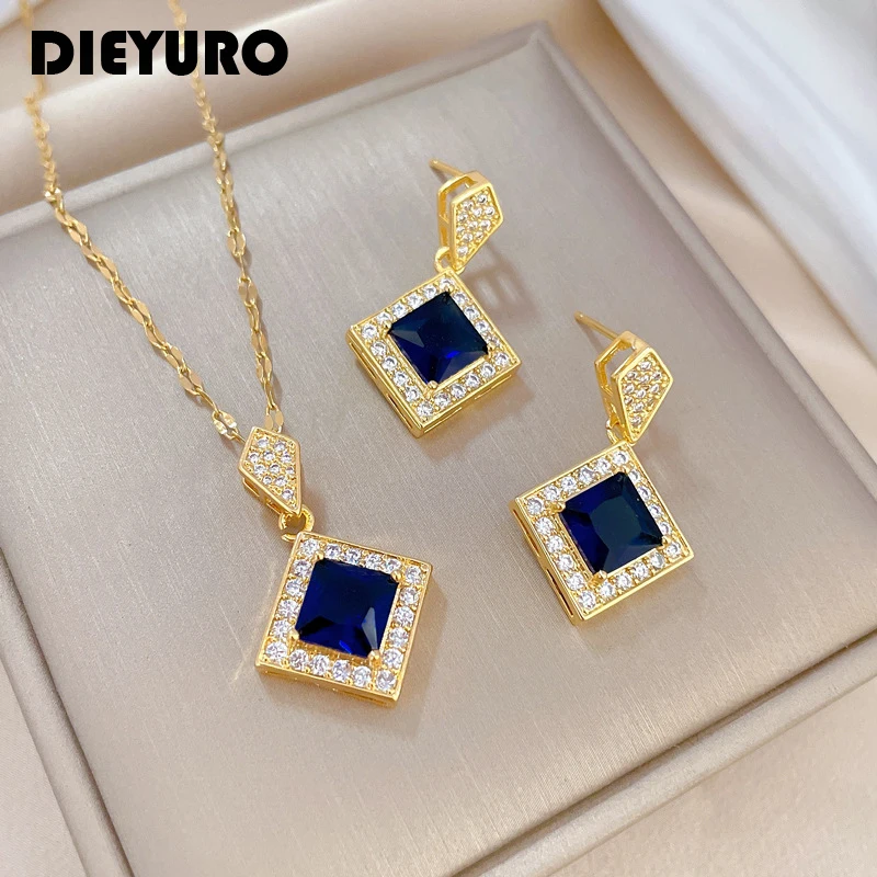 DIEYURO 316L Stainless Steel Square Dark Blue Crystal Charm Necklace Earrings Fo