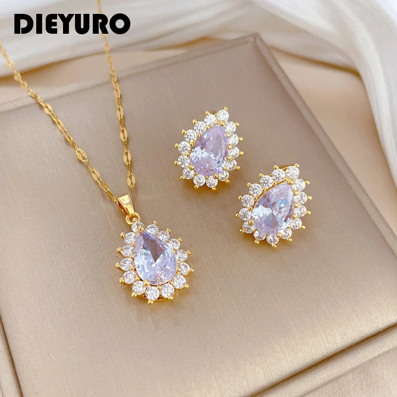 DIEYURO 316L Stainless Steel Water Drop Flower Crystal Pendant Necklace Earrings