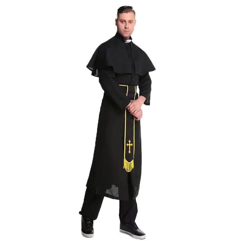 Dress up Dance Party Black Adult Priest Robe Men's Godfather Costume Halloween C