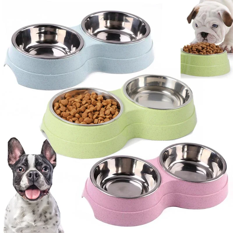 Dual pet bowl dog food water dispenser dual-purpose stainless steel pet water di
