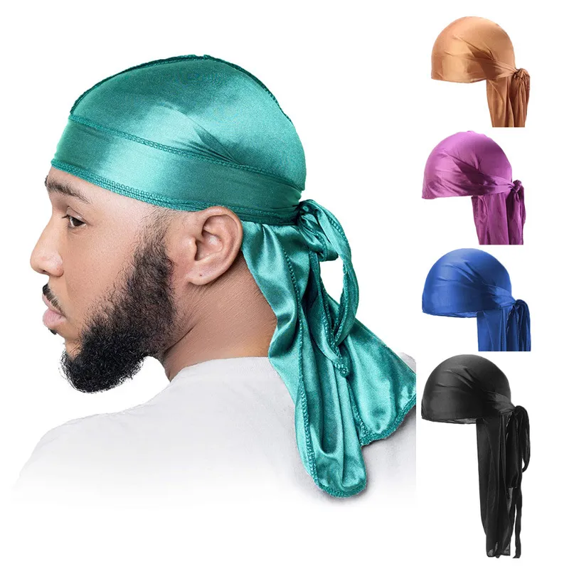 Unisex Adult Satin Long Tail Durag Bandanas Cap Pirate Hat Turban Men Hip Hop Silky Headband Biker Headwrap Women Headwear