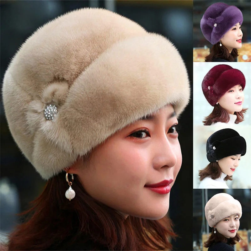 Elegant Women Winter Hat Russian Flower Decor Thickened Warm Solid Color Autumn