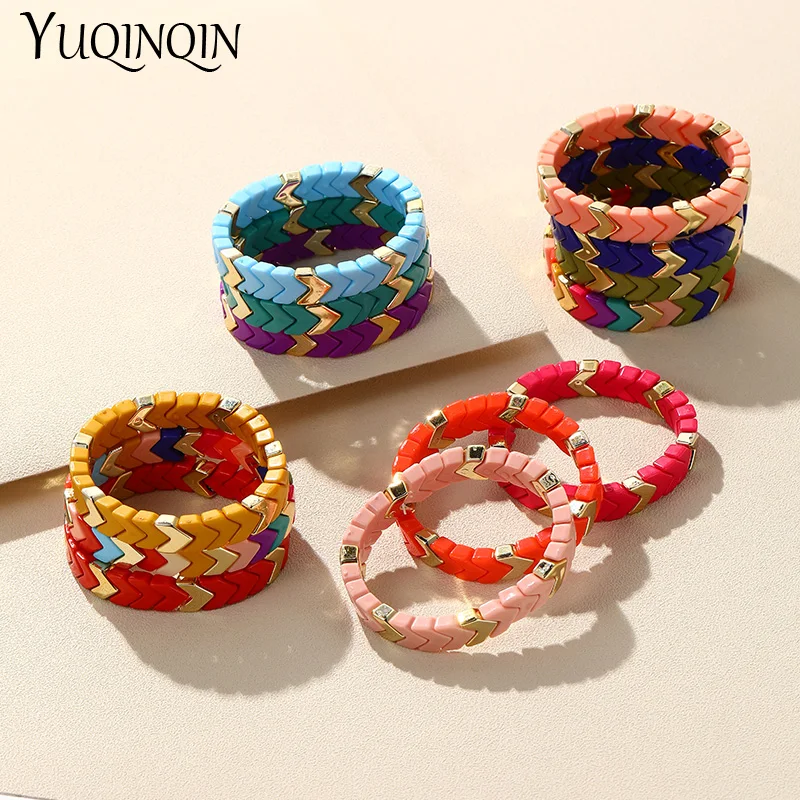 Fashion Resin Beaded Chain Bracelets For Women Girls Elastic Colorful Rainbow Ba