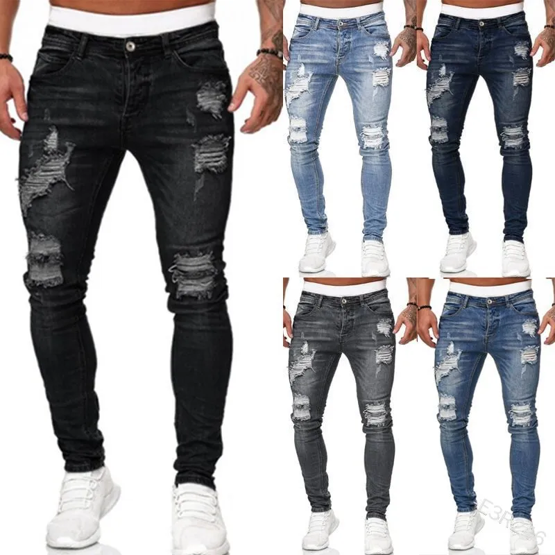 Fashion Street Style Ripped Skinny Jeans Men Vintage wash Solid Denim Trouser Me