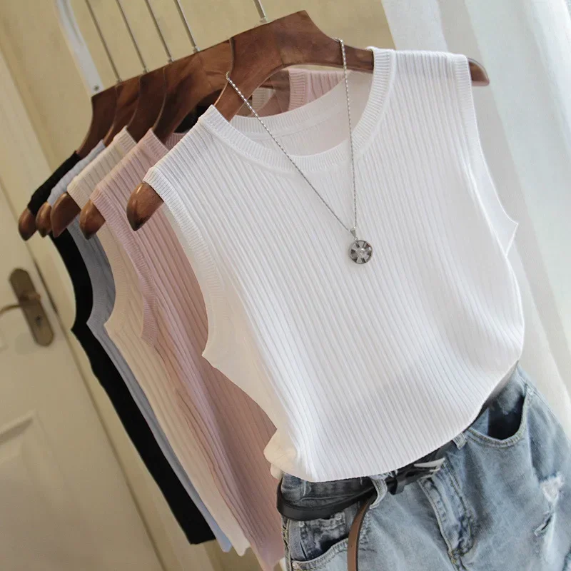 Woman Blouse Summer Sleeveless Blouse Women O-neck Knitted Blouse Shirt Women Cl