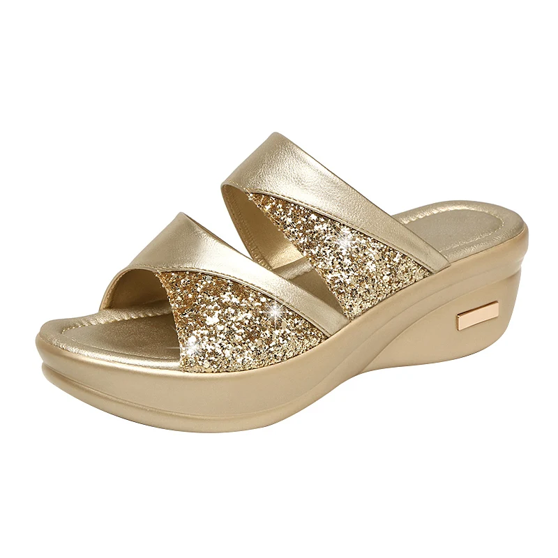 Female Casual Slingbacks Sandals Glitter PU Wedge Platform Comfortable Sandals f