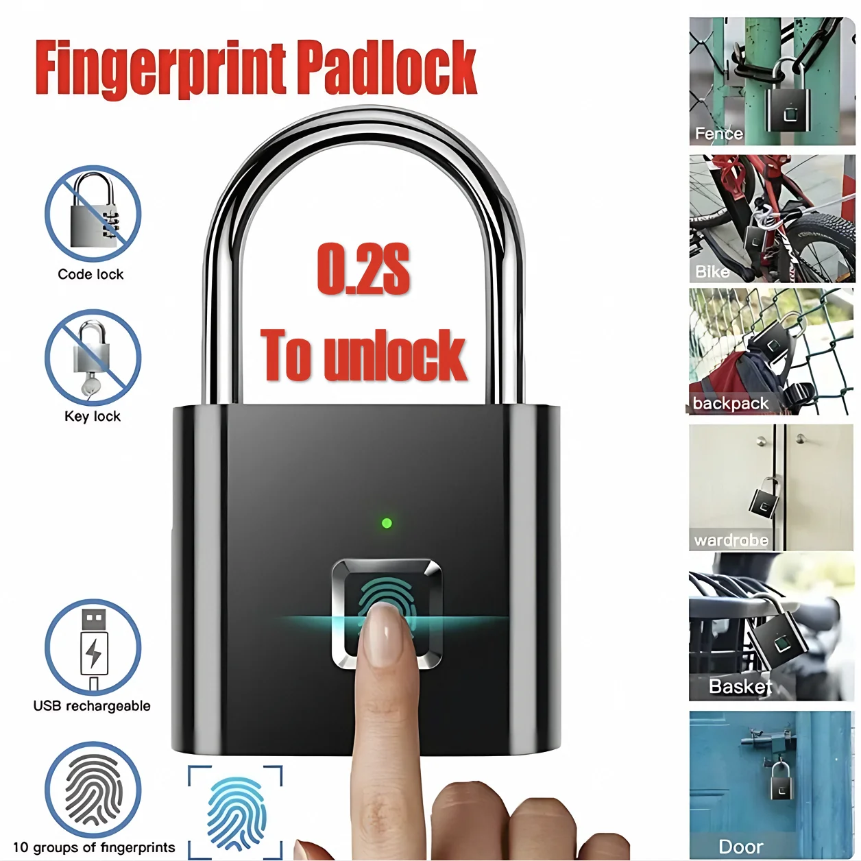Fingerprint Lock Keyless Waterproof Anti-Theft Smart Lock Fingerprint Padlock Zi
