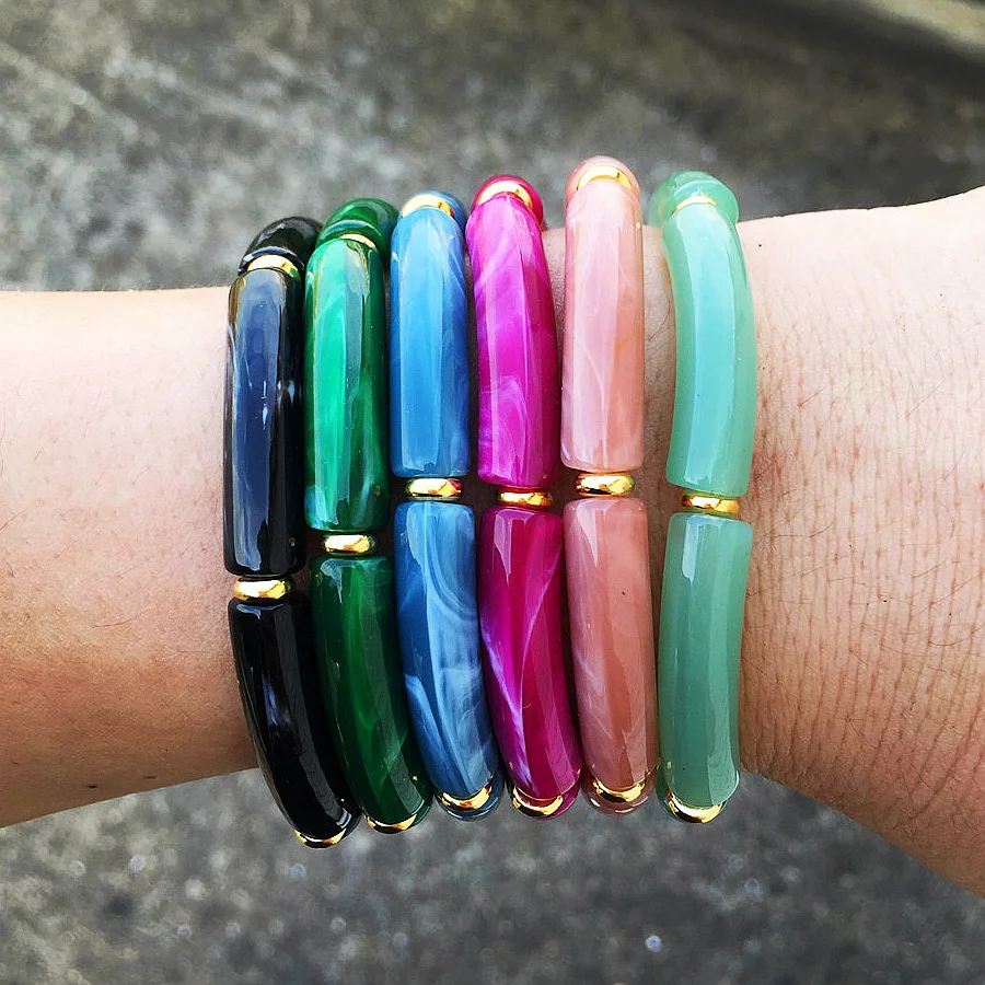 FishSheep Trendy Acrylic Marbling Bamboo Bracelet Bangle Women Bohemian Stretchy