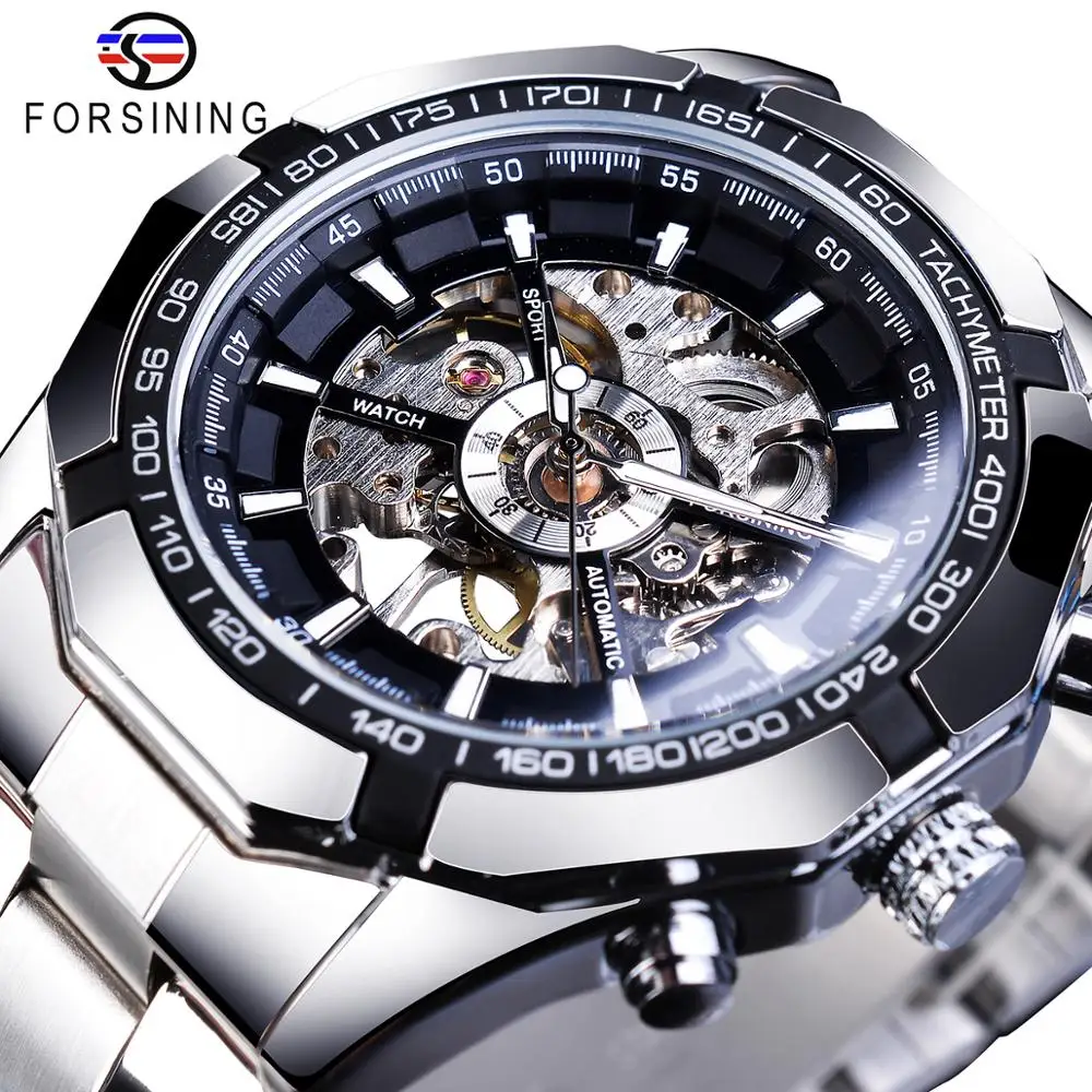 Forsining Stainless Steel Waterproof Mens Skeleton Watches Top Brand Luxury Tran