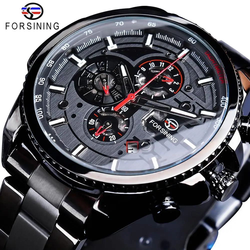 Forsining Three Dial Calendar Stainless Steel Men Mechanical Automatic Wrist Wat