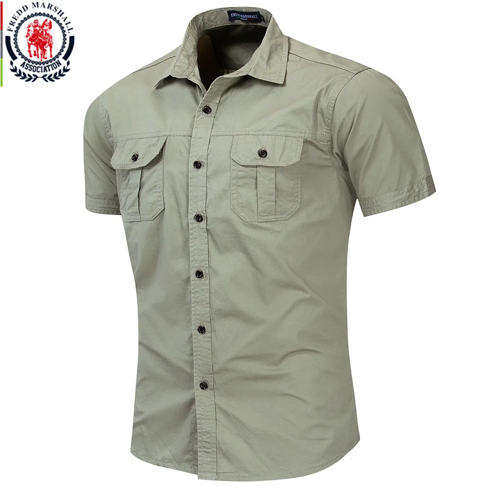 Fredd Marshall New Mens Military Shirt Men Short Sleeve Cargo Shirts 100% Cotton