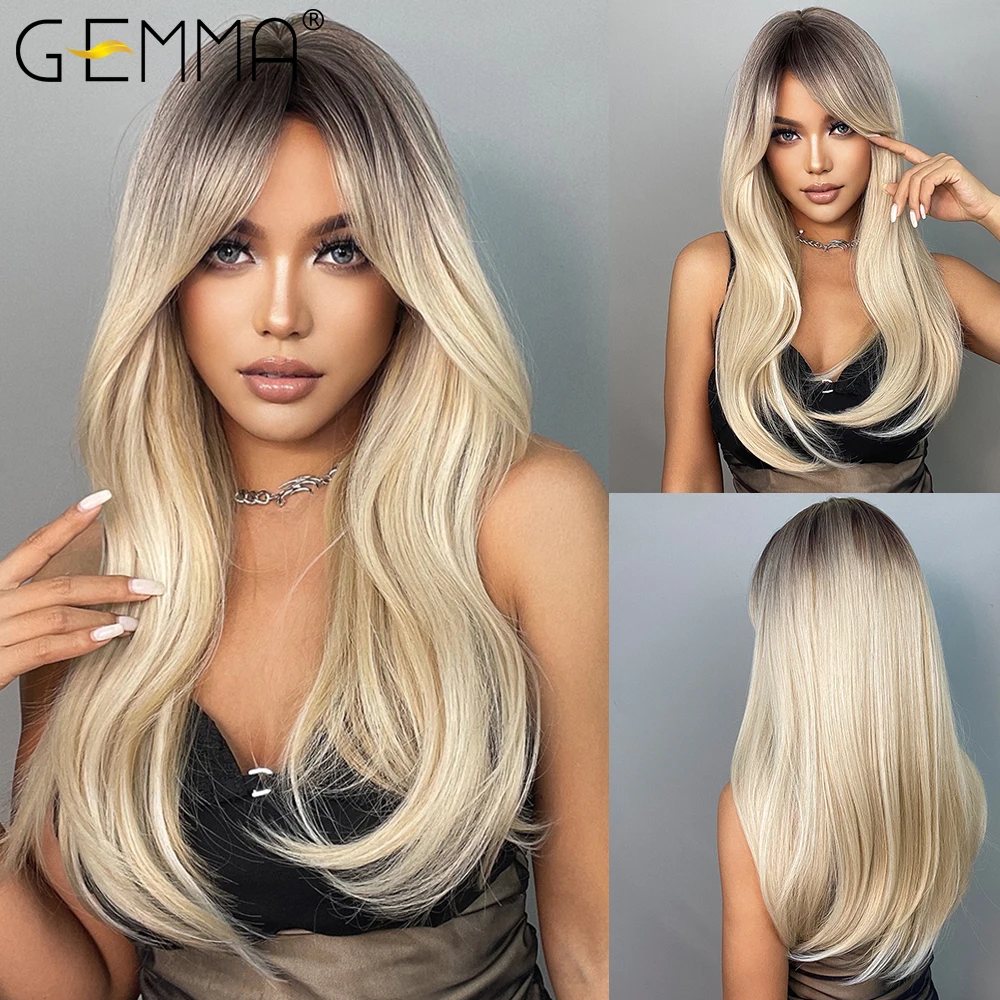 GEMMA Ombre Brown Blonde Long Straight Synthetic Wigs with Bangs Cosplay Wig for