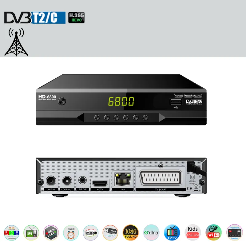 HD6800 DVB T2 DVB-C HEVC 265 Digital TV Tuner DVB-T2 H.265 HD Decoder Terrestria