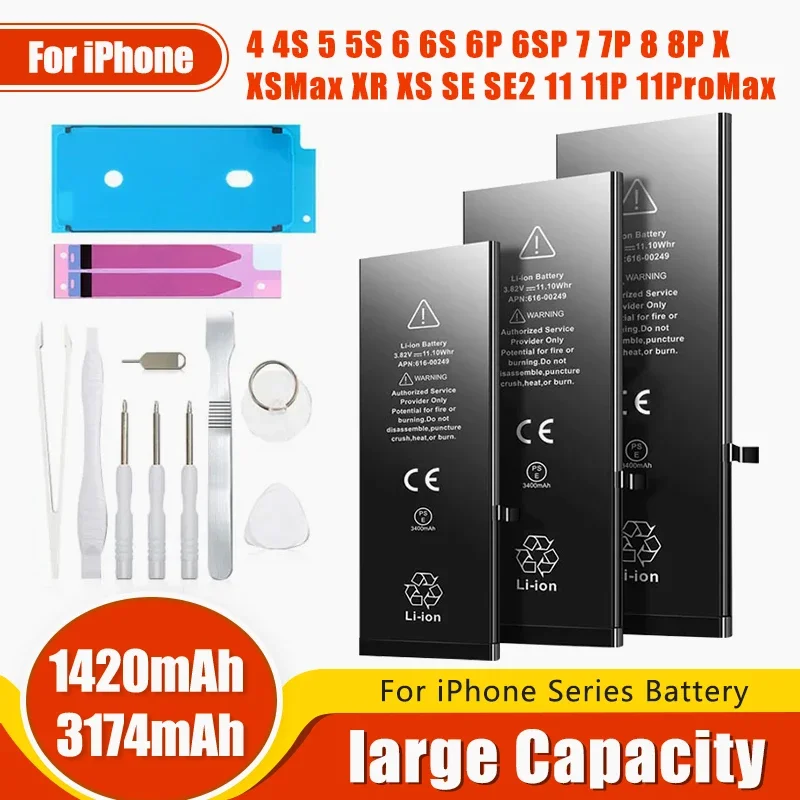High Capacity Battery For iPhone 4 4S 5 5S 5C SE 2020 6 6S 7 8 SE2 Plus X XR XS 