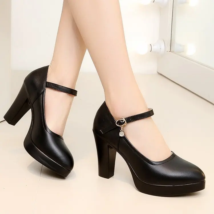 High Heels Platform Pumps Mujer Fashion Buckle Solid Black Shoes Woman PU Leathe