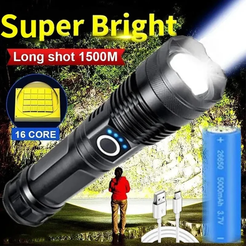 High Power XHP100 Led Flashlight Rechargeable 4 Core Torch Zoom Usb Hand Lantern