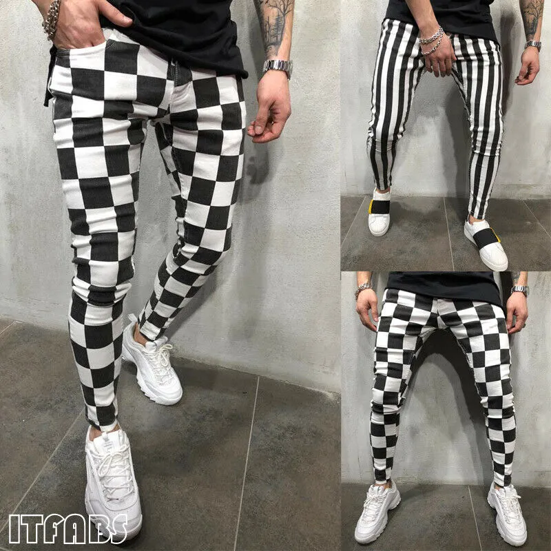 Men's Summer Fashion Slim Comfortable Striped Plaid Black White Casual Pencil Pa