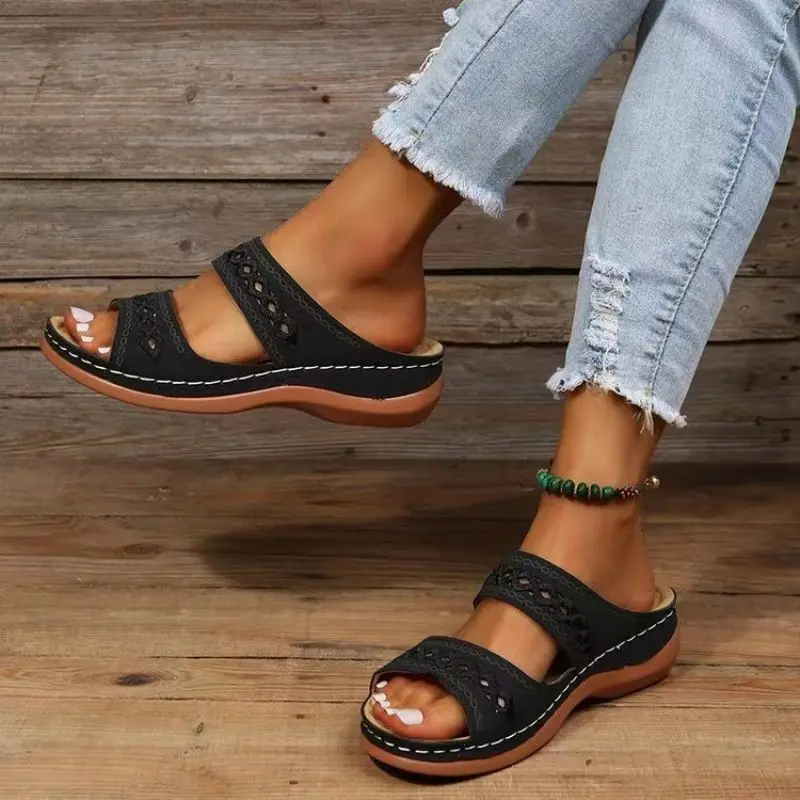 Hollow Slides Summer Women Sandals Slippers Comfortable Wedges Sandals Leisure B