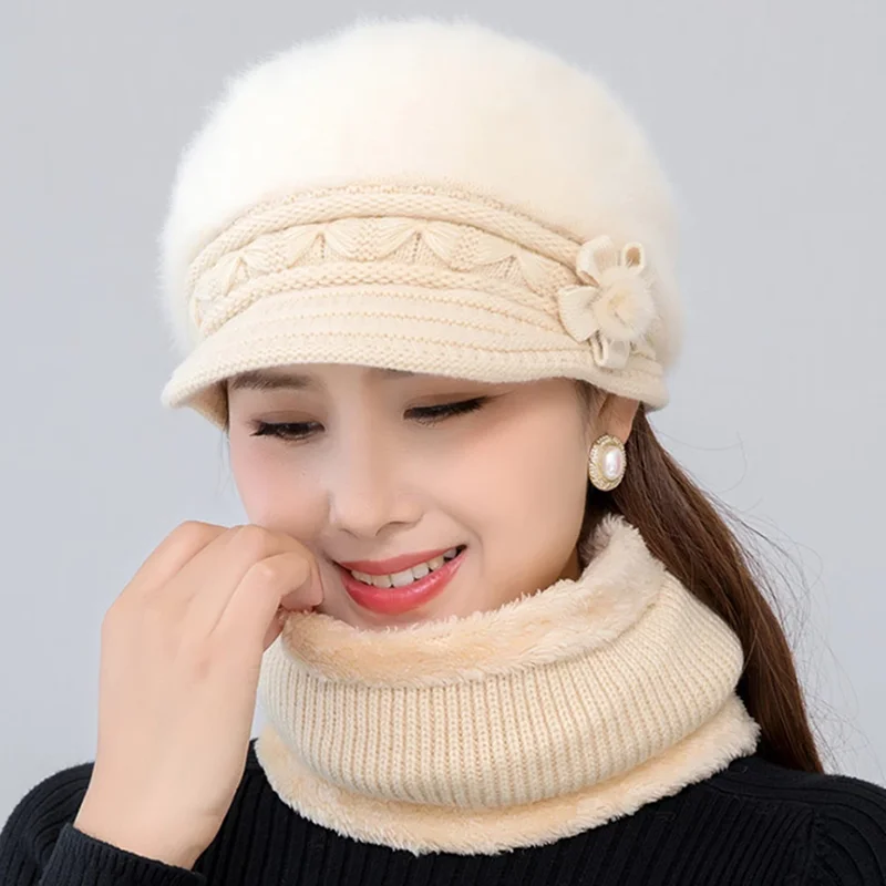 Hot Women Winter Hat Keep Warm Cap Add Fur Lined Hat And Scarf Set Warm Hats For
