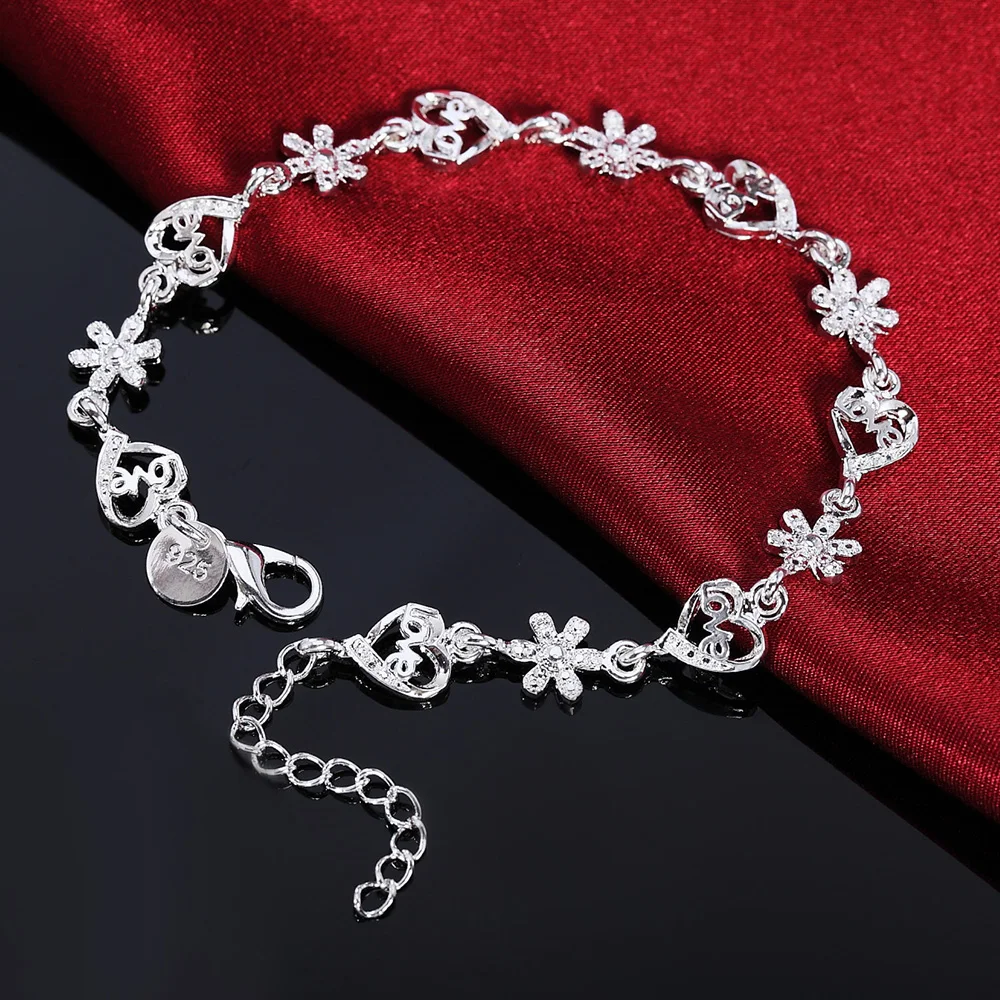 925 sterling silver Bracelet Fashion crystal romantic heart flower chain for wom