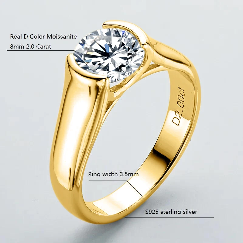 18K Gold Plated Engagement Rings 8mm 2.0carat D Color VVS1 Moissanite Diamond Ri