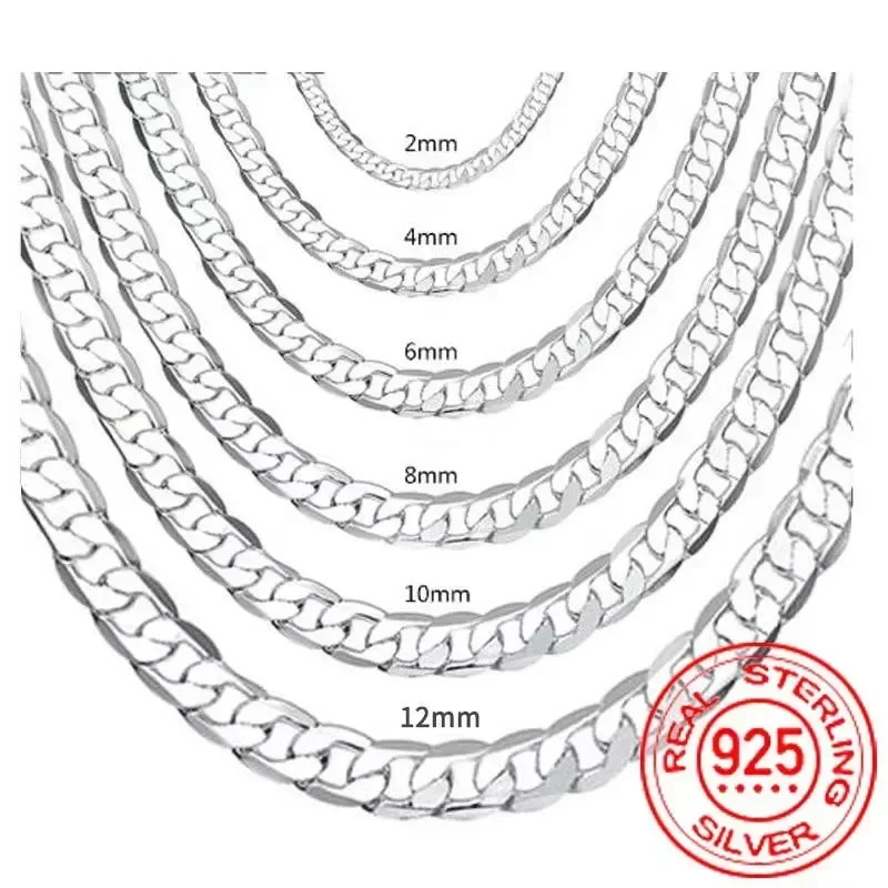JewelryTop Men's 925 Sterling Silver Necklace 2/4/6/8/10/12MM 40-75cm Chain Lobs