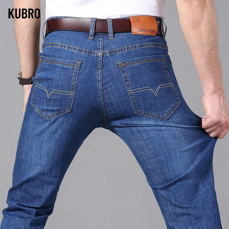 KUBRO Men's Jeans Summer Thin Pants Straight Blue Jean Baggy Casual Work Denim P