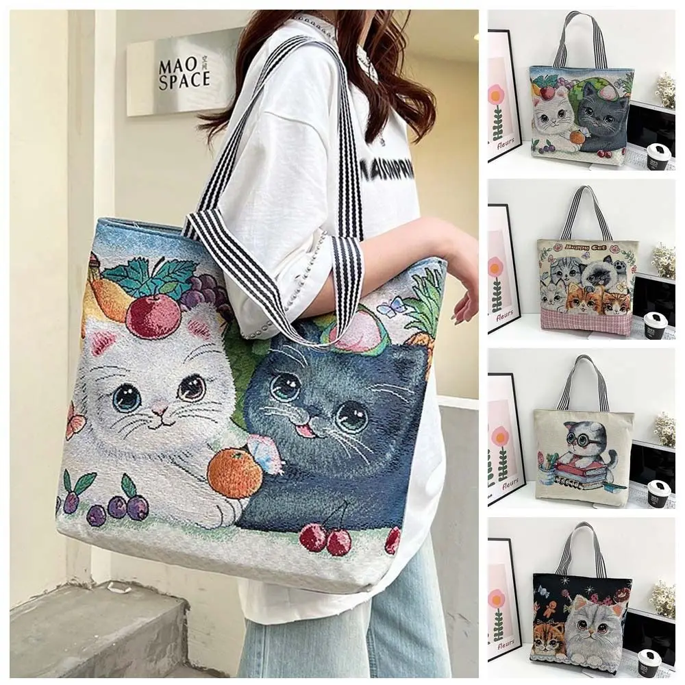 Large Capacity Cloth Pouch Ethnic Style Handbag Vintage Cute Cat Embroidery Anim