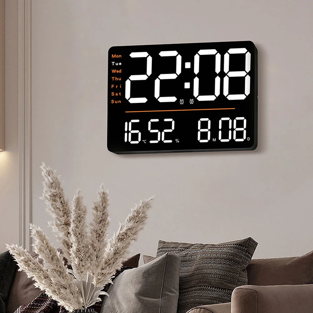 Led Digital Wall Clock 12/24h Adjustable Brightness Temperature Humidity Display
