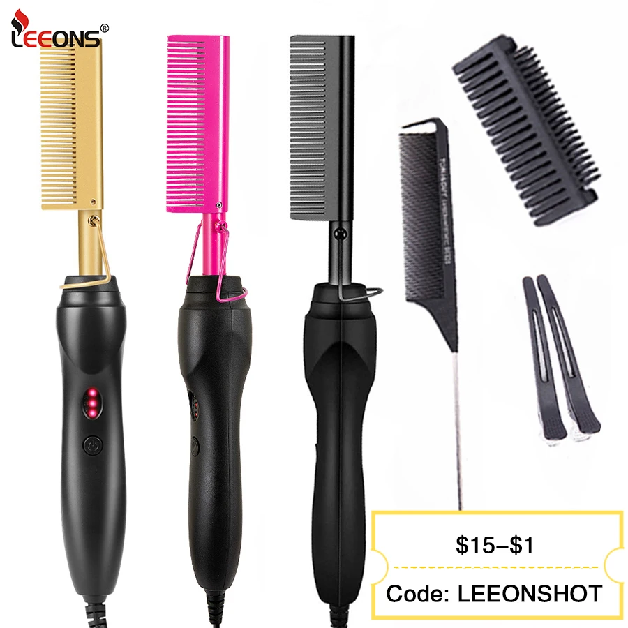 Leeons Black Hot Comb Hair Straightener Flat Iron Electric Hot Heating Comb Wet 