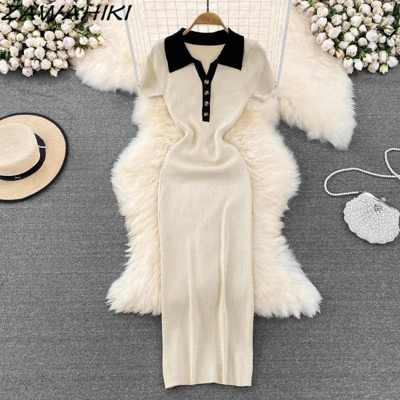 Long Dress for Women Contrast Color Slim Knitted Spring Fall Elegant Temperament