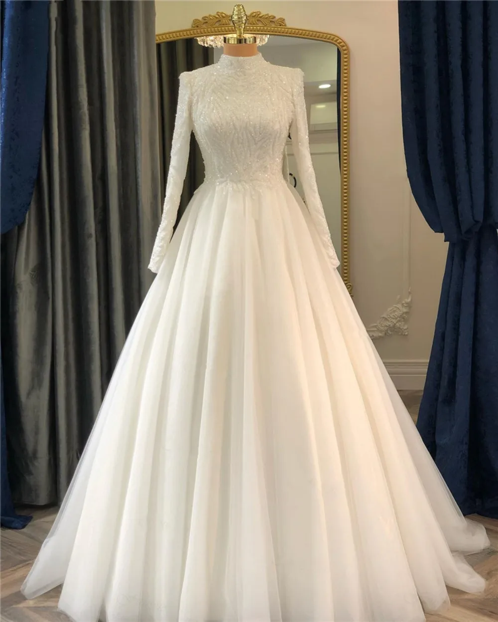 Luxury Bespoke Wedding Dress High Neck A Line Beads Bodice Long Sleeves Muslim B