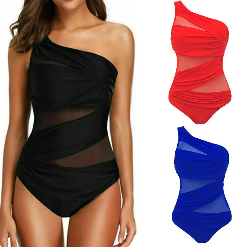 M-3XL 4XL Plus Size Swimsuits Women One Shoulder Slim Swimwear For Women Mesh So